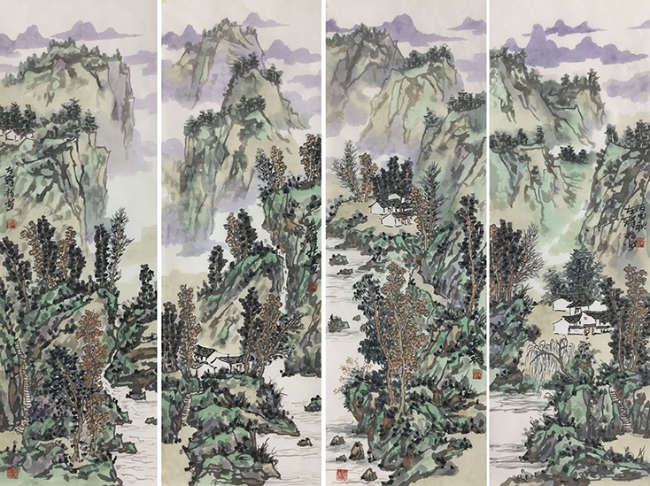 山水四条屏  138×35 cm×4.jpg